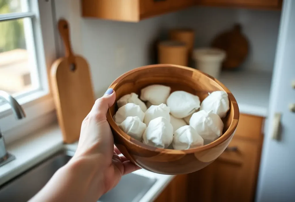 Une main tient un bol en bois rempli de tampons de coton dans une cuisine