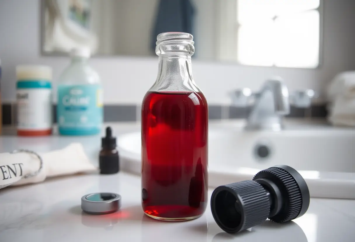 Une bouteille en verre contenant un liquide rouge foncé sur une tablette de salle de bains