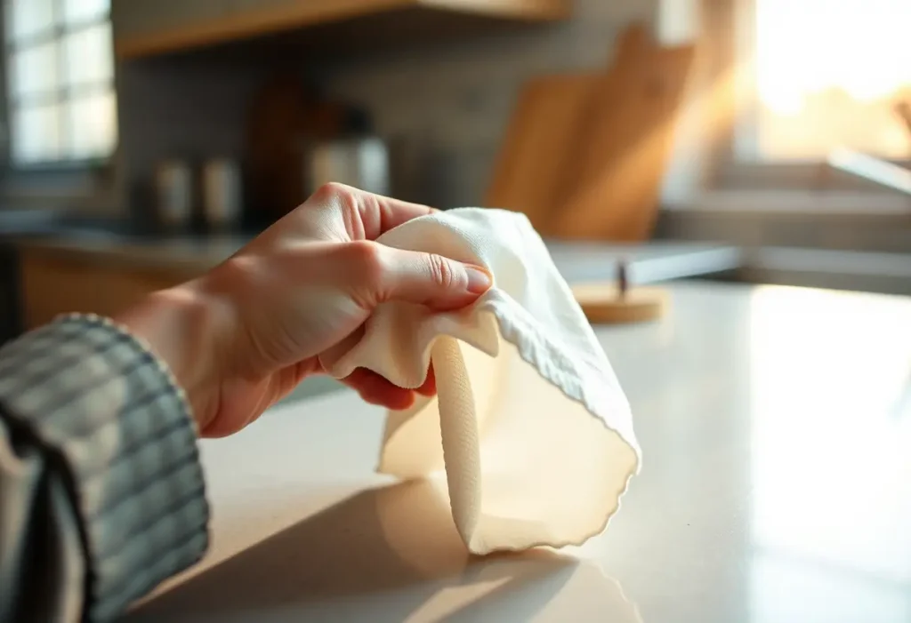 Une main féminine tenant un torchon plié sur un comptoir cuisine, éclairée par la lumière du matin.