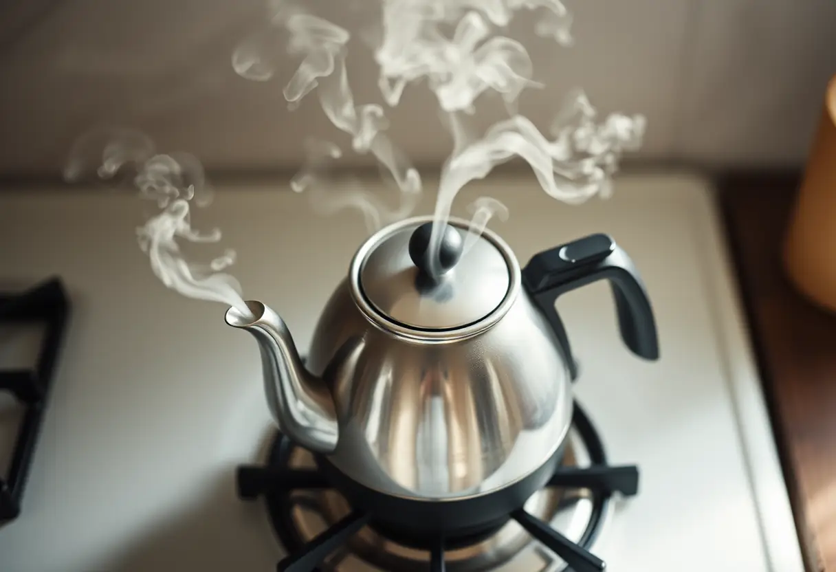 Un samovar qui siffle sur une cuisinière, la vapeur s'élève doucement dans l'air.