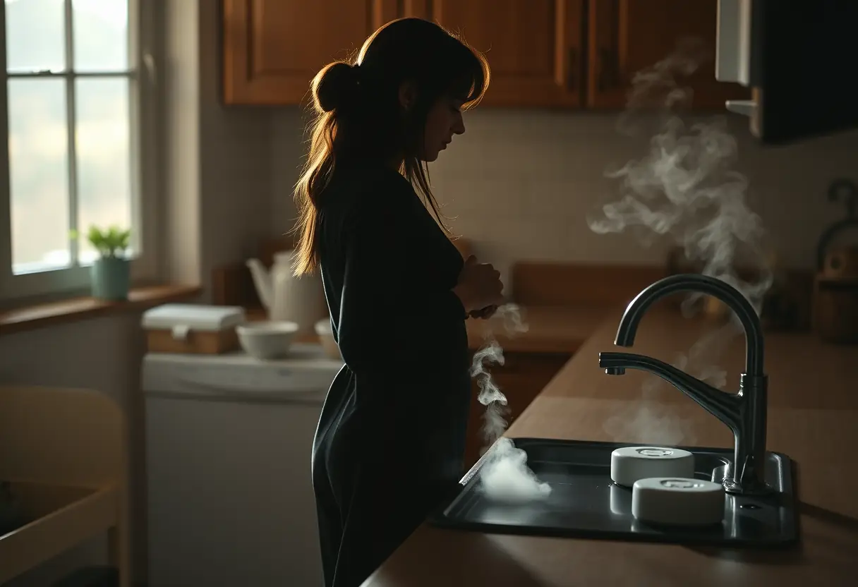 Silhouette de femme devant un évier de cuisine rempli d'eau chaude et quelques bols blancs de savon ronds, légère brume s'élevant de l'eau