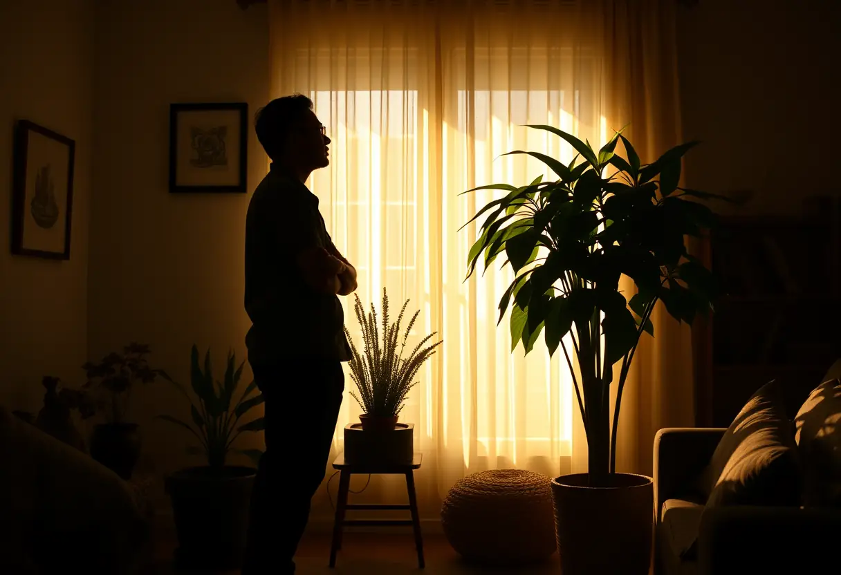 Intimité : Un profil se détache près d'un grand pot de plante verte dans un salon accueillant, lumière douce.