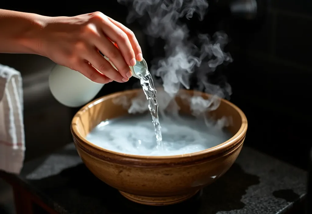 Des mains versent de l'eau dans un bassin en céramique, évoquant purification et soin