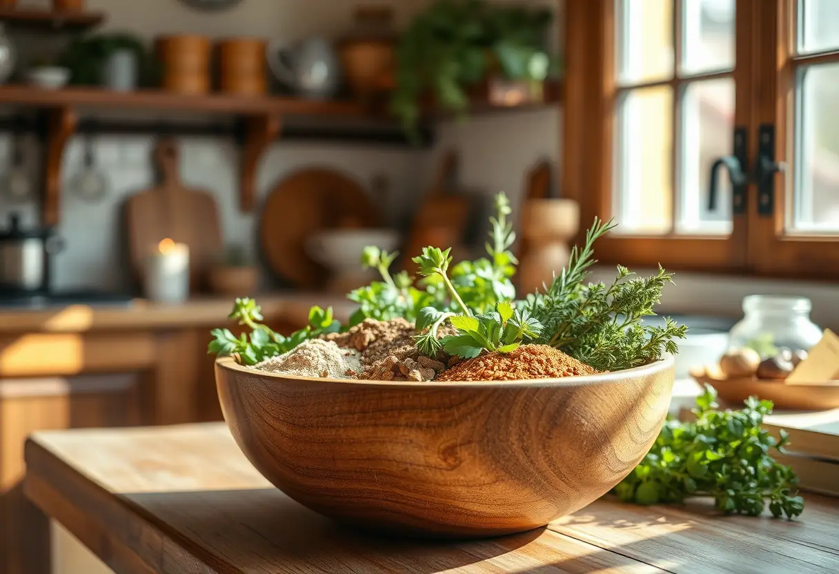 Un bol en bois contient des herbes et épices odorantes dans une cuisine rustique