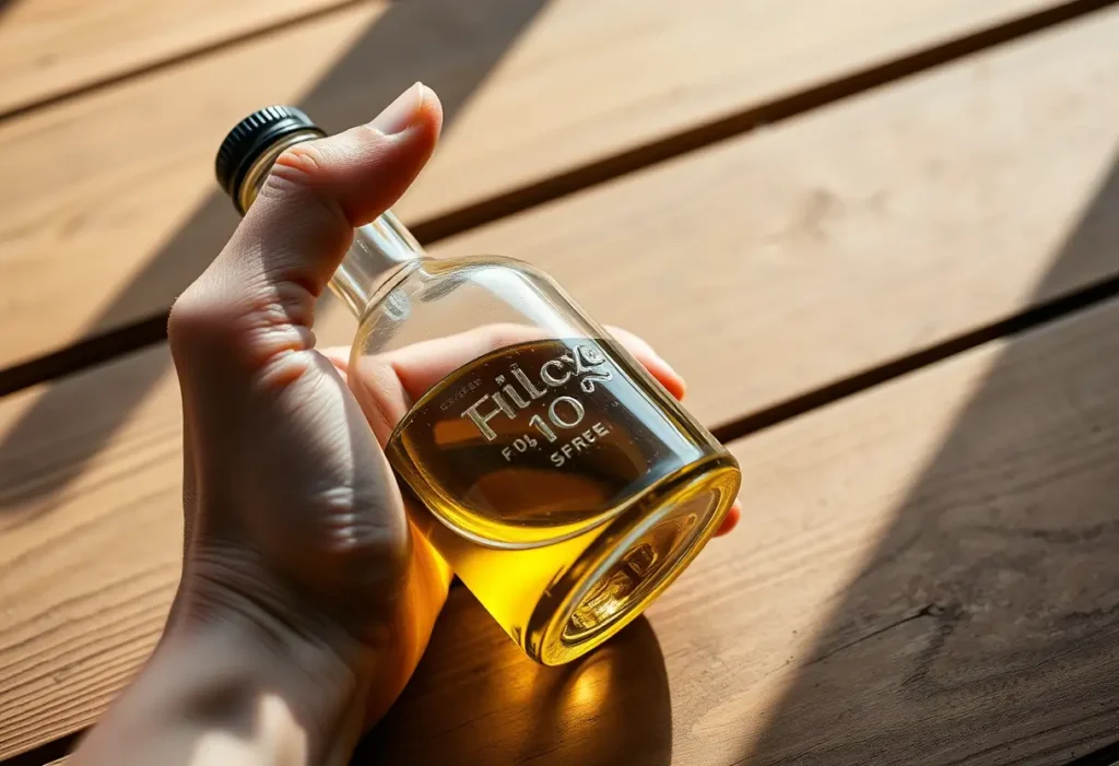 Une main tenant une petite bouteille en verre remplie d'huile, en lien avec le bien-être intime des femmes