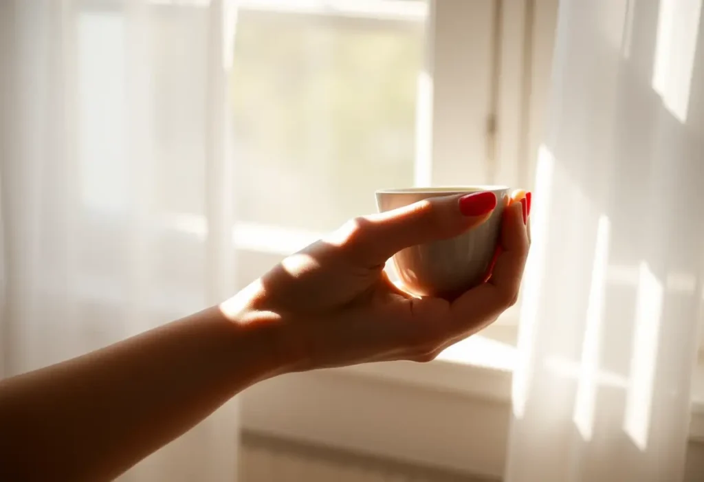 Une main féminine tient délicatement une tasse en céramique