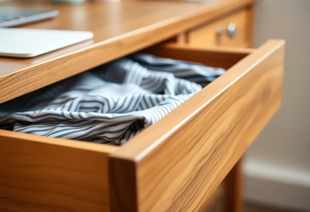 Un tiroir en bois semi-ouvert, contenant des vêtements pliés avec soin, représentant organisation et discipline