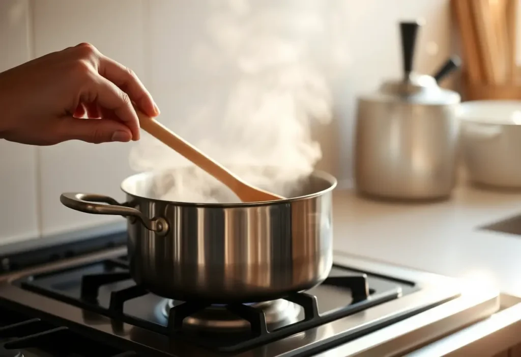 Main dans une cuisine, tenant une cuillère de bois au-dessus d'une casserole chaude, sérénité domestique