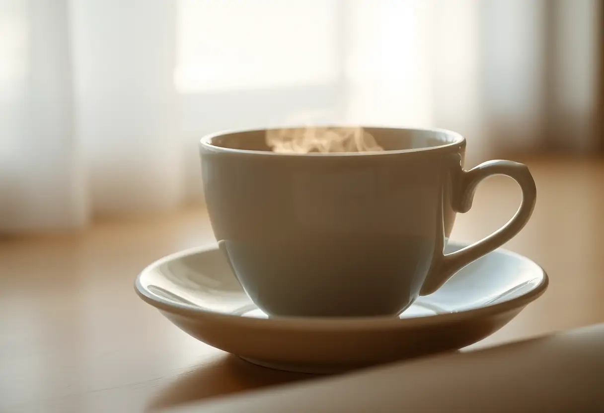 Tasse de porcelaine posée sur une soucouche, vapeur douce émanant de la théière, ambiance apaisante