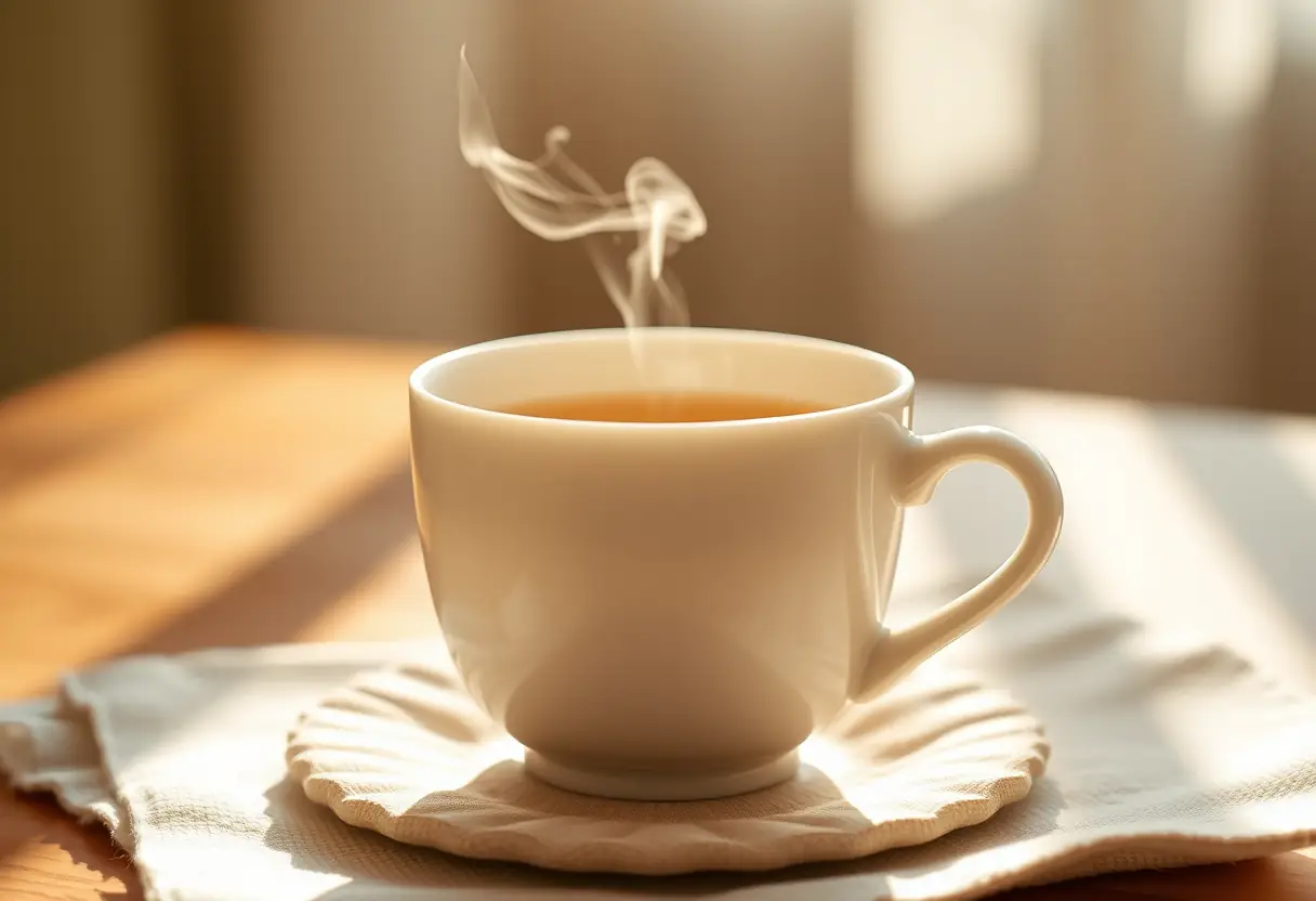 Tasse de porcelaine sur un coussinet de table, représentant l'attention portée à soi-même
