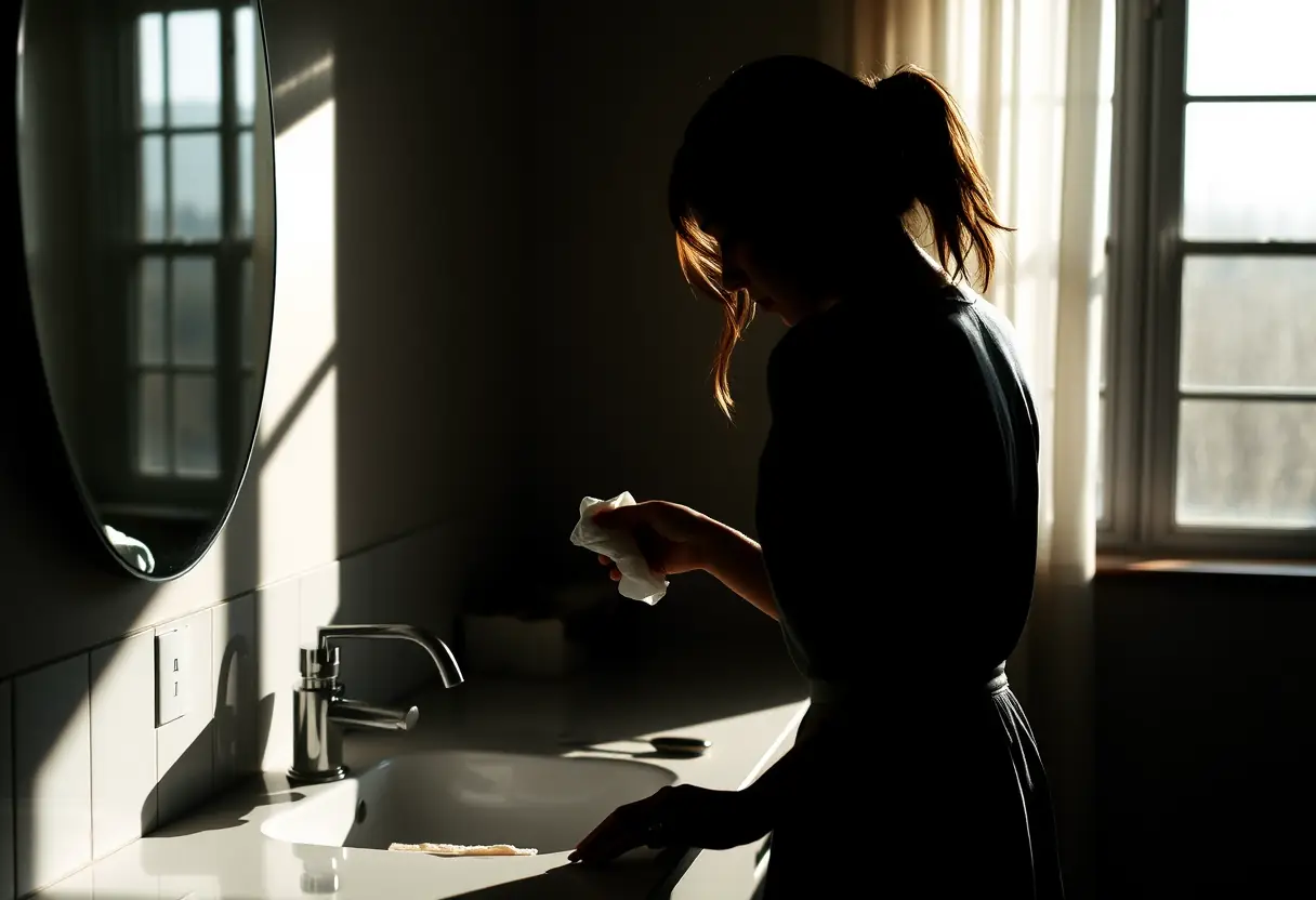 Un profil féminin se penche sur un lavabo avec un mouchoir imbibé de tonique, routine beauté visage