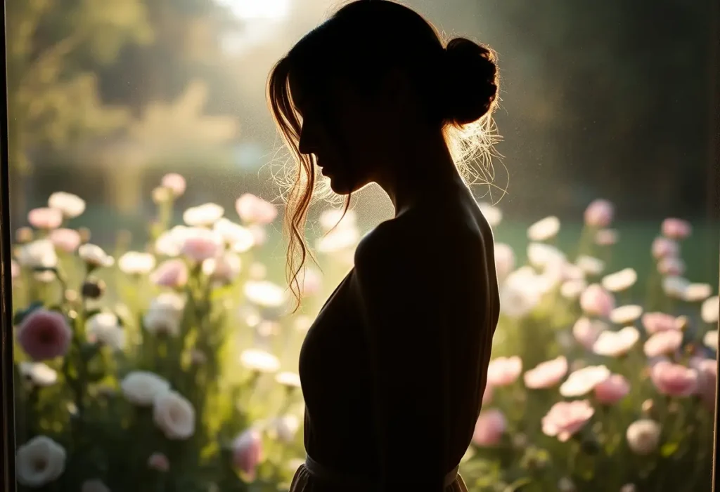 Silhouette féminine dans un jardin fleuri à l'aube