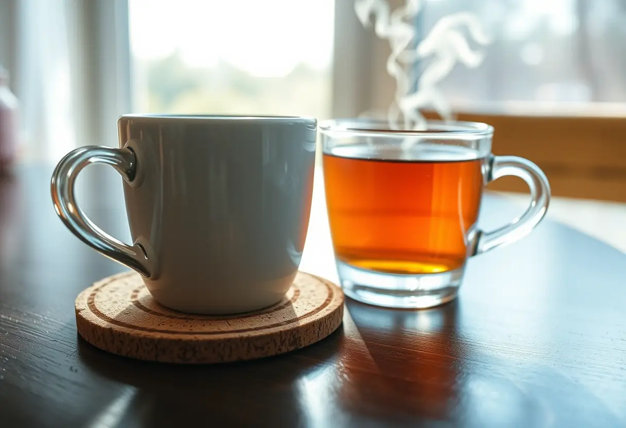 Coaster en liège avec une tasse de thé herbagère éclairée par la lumière du jour