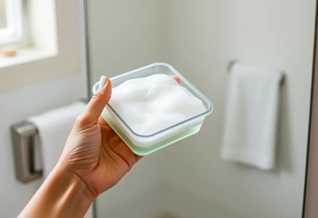 Une main tenant un conteneur de nettoyant mousseux pour une peau saine