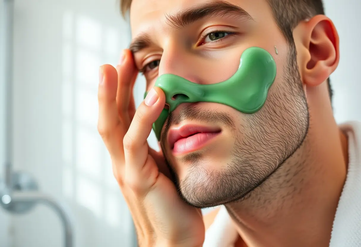 Une main appliquant une crème verte pour le visage dans une routine de soins de la peau