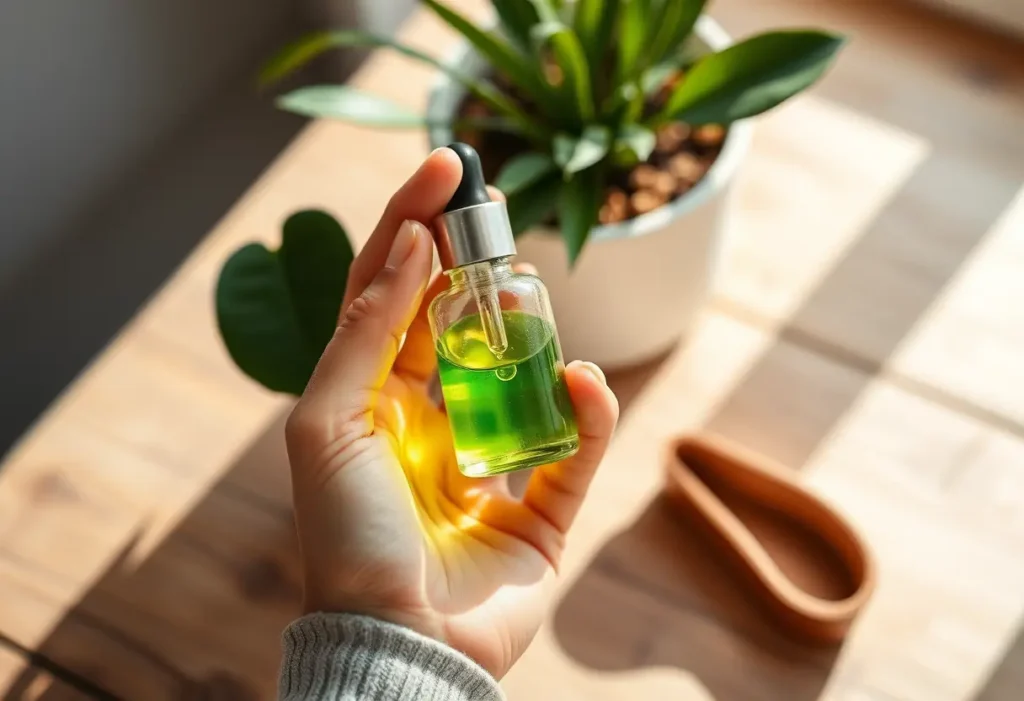 Une main tenant une petite bouteille contenant un sérum végétal vert, près d'une plante en pot.