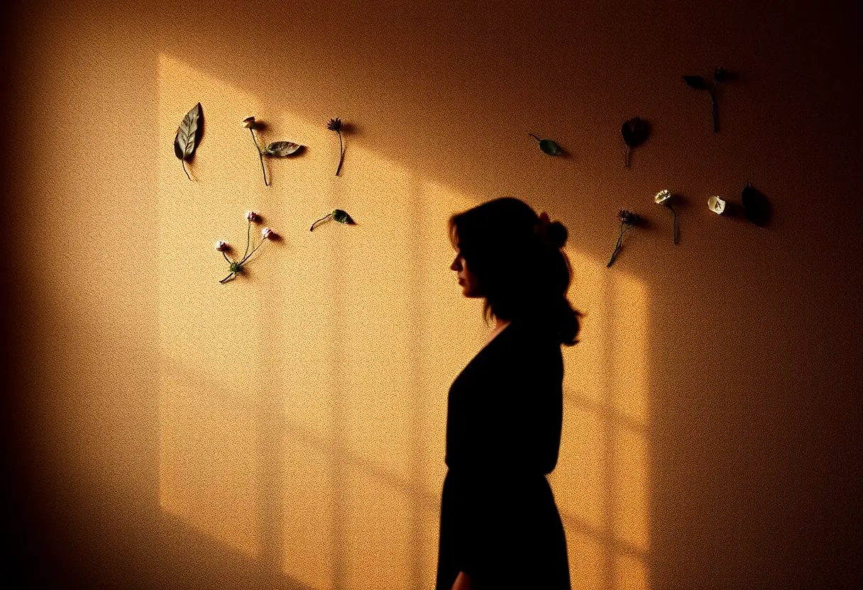 Un profil féminin se reflétant sur un mur de liège orné de feuilles sèches et de fleurs, dans un espace accueillant.