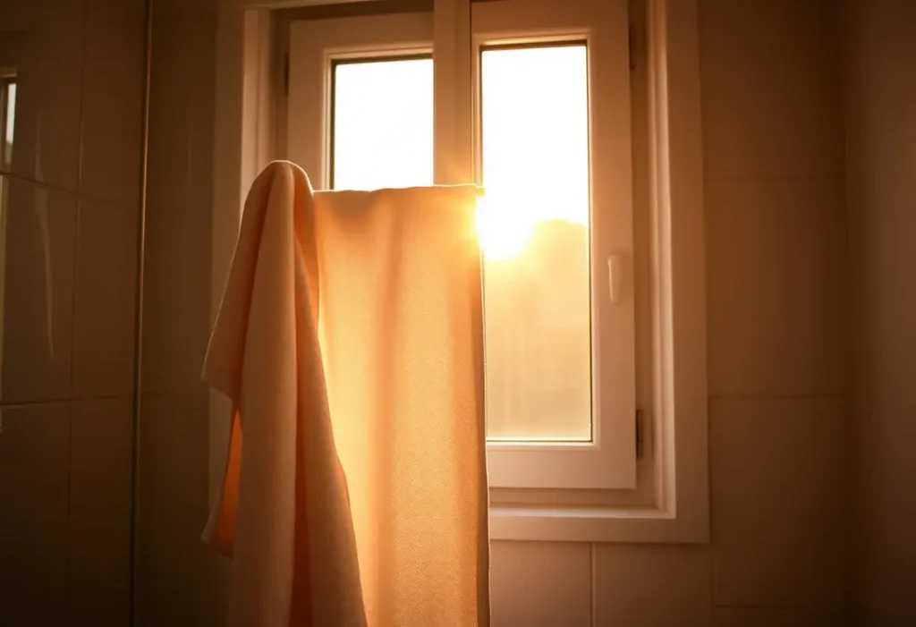 Une lumière douce du soir éclaire un peignoir en coton accroché sur un porte-serviettes, ambiance chaleureuse pour la routine du soir