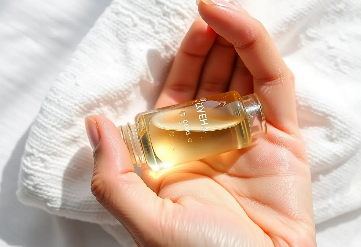 Une main tenant une petite bouteille de sérum pour le visage