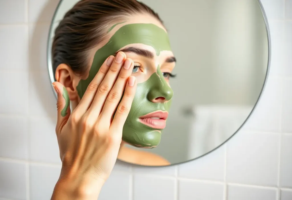 Main de femme appliquant une masque à la argile verte sur son visage, devant un miroir de salle de bain