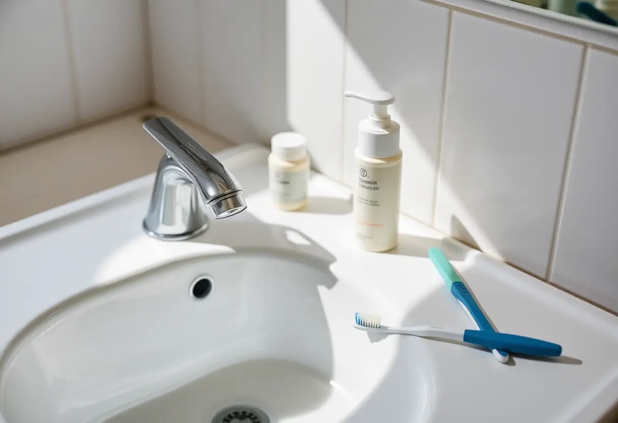 Lavabo avec un nettoyant moussant, rappelant les routines de nettoyage quotidiennes