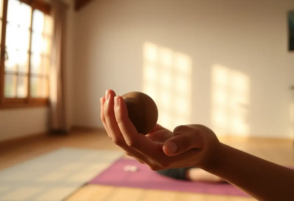 Une main féminine tient une balle en bois ronde dans une pièce lumineuse, centrée sur les exercices respiratoires.