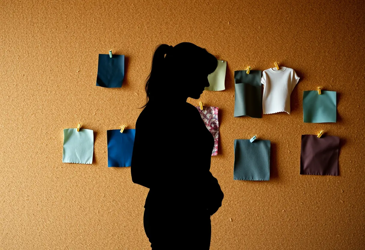 Un profil d'une femme debout devant un tableau avec épingles à linges, symbolisant le confort et le choix dans la récupération.