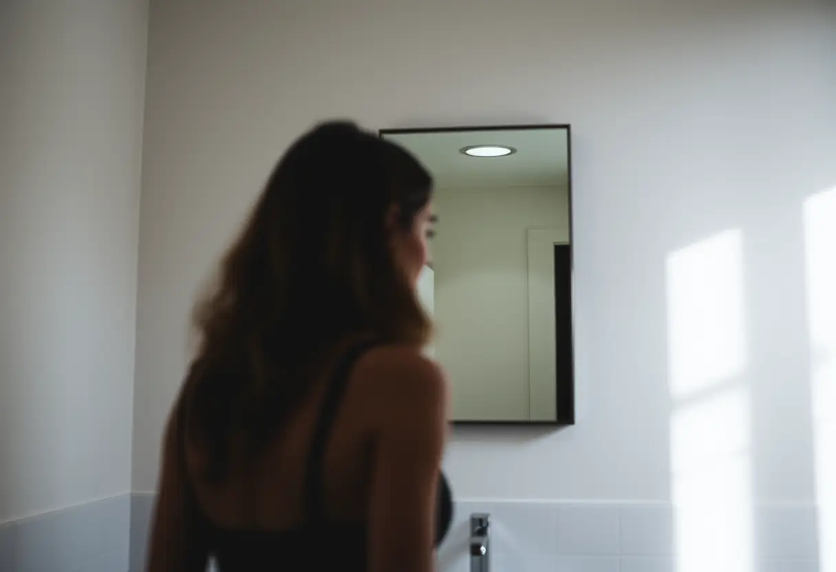 Silhouette floue d'une femme dans une salle de bain, sa réflexion dans un miroir simple