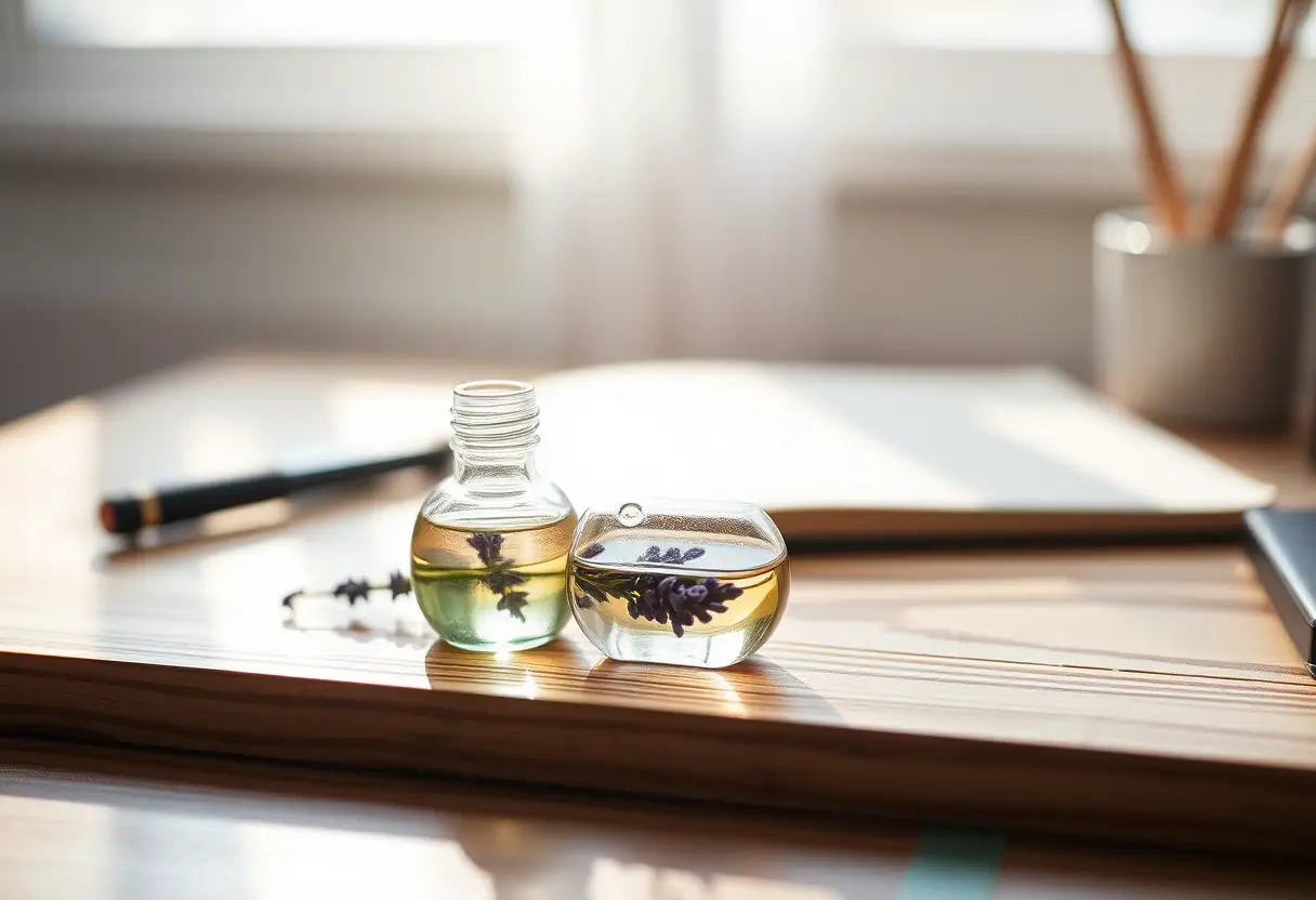Un flacon en verre contenant de l'huile essentielle de lavande, symbole de calme et de sérénité, sur un bureau en bois.