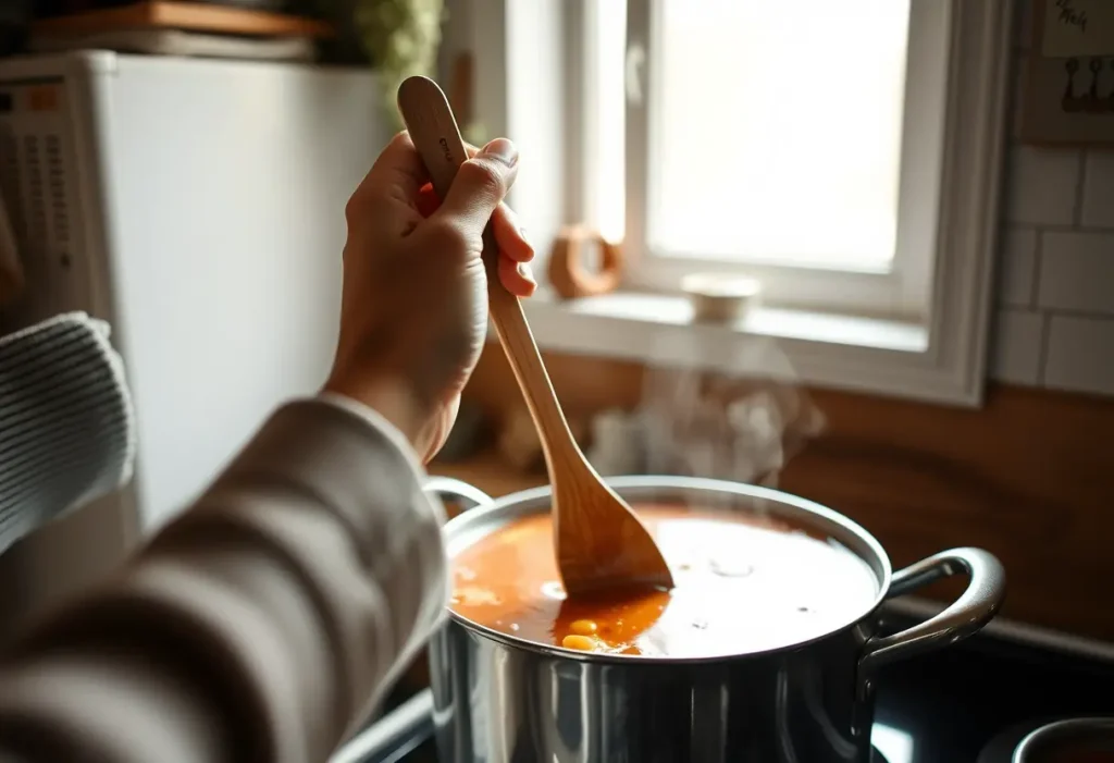 Une main féminine tenant une cuillère en bois au-dessus d'une marmite de soupe, dans une cuisine accueillante