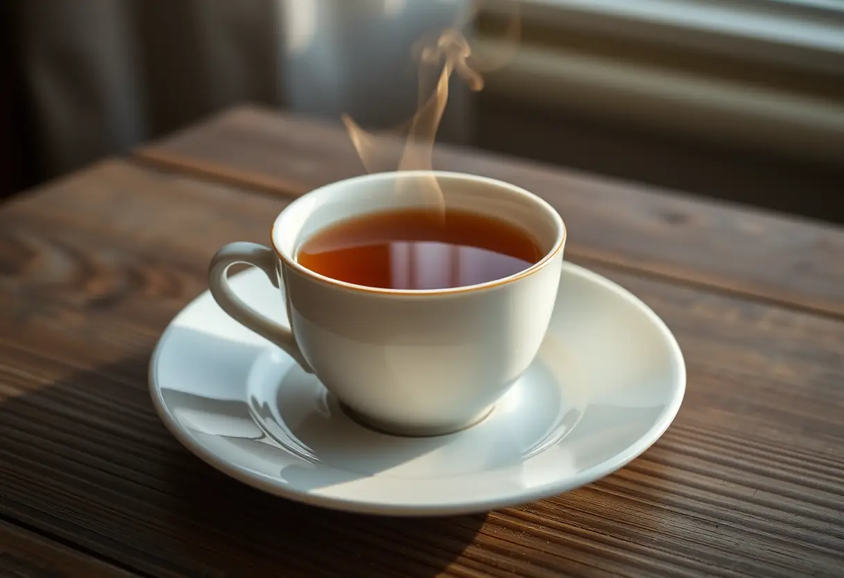 Un mug de thé posé sur une soucouche blanche, sous la lumière du matin, dans un intérieur rustique