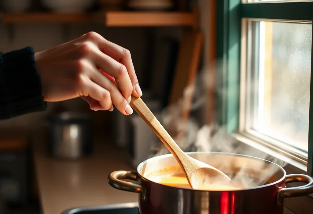 Main dans une cuisine chaleureuse, posant sur une soupe réconfortante