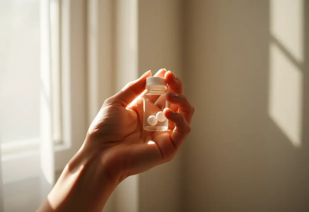 Une main féminine tient délicatement un petit flacon de médicaments, éclairée par la lumière du soleil.