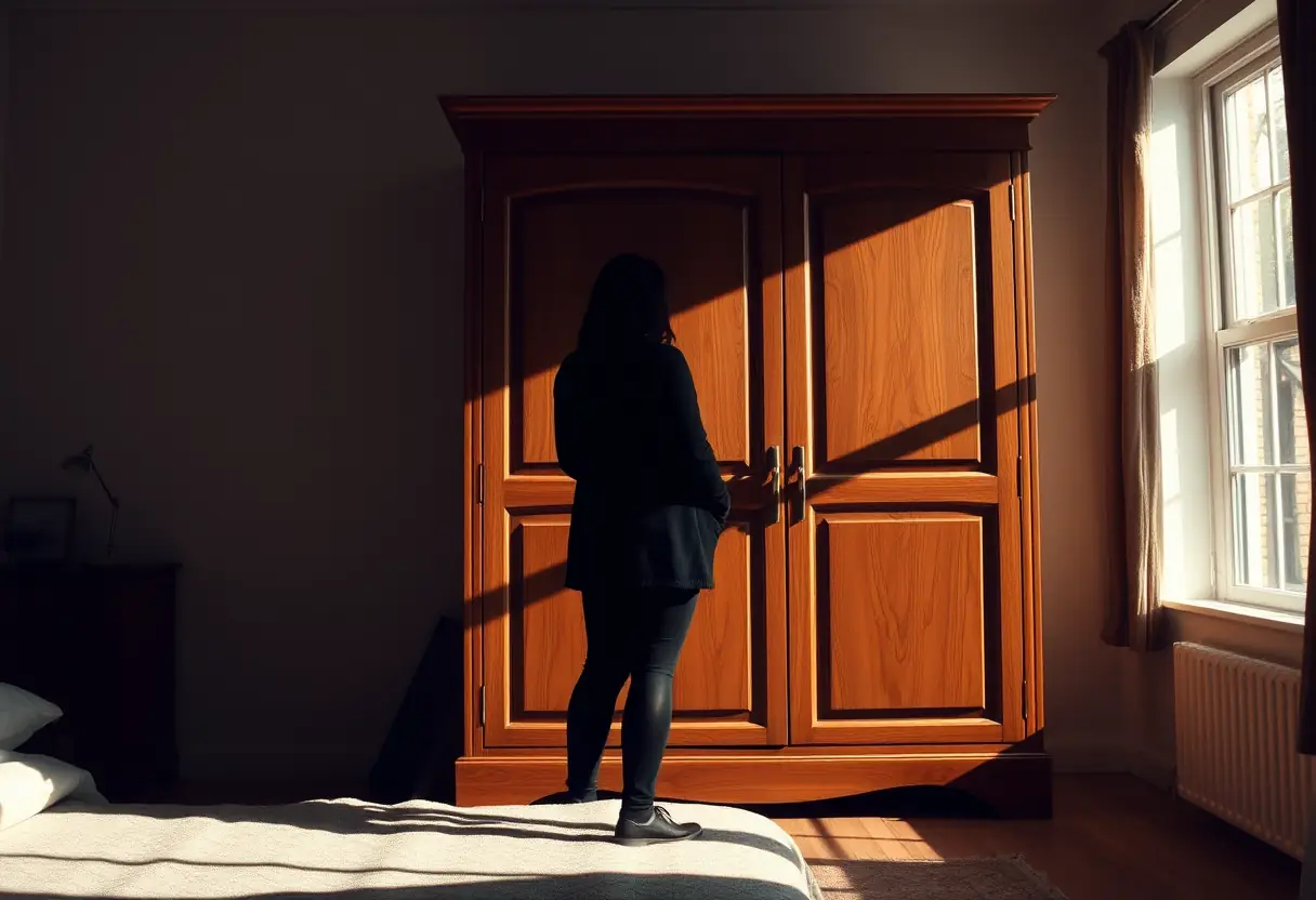 Un profil d’une personne se tient près d’un grand placard en bois dans une chambre, éclairée par la lumière du matin.