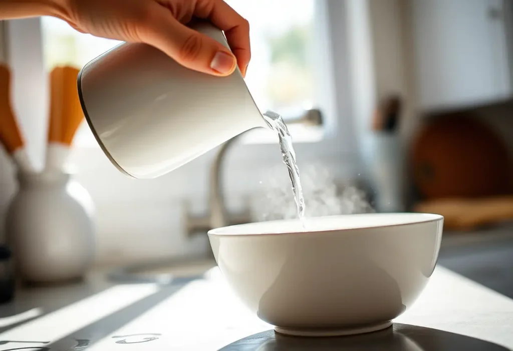 Une main qui verse de l'eau dans un bol, évoquant sérénité et bien-être.
