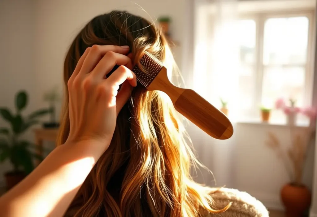 Une main féminine brossant doucement ses cheveux, symbole de soin et d'acceptation