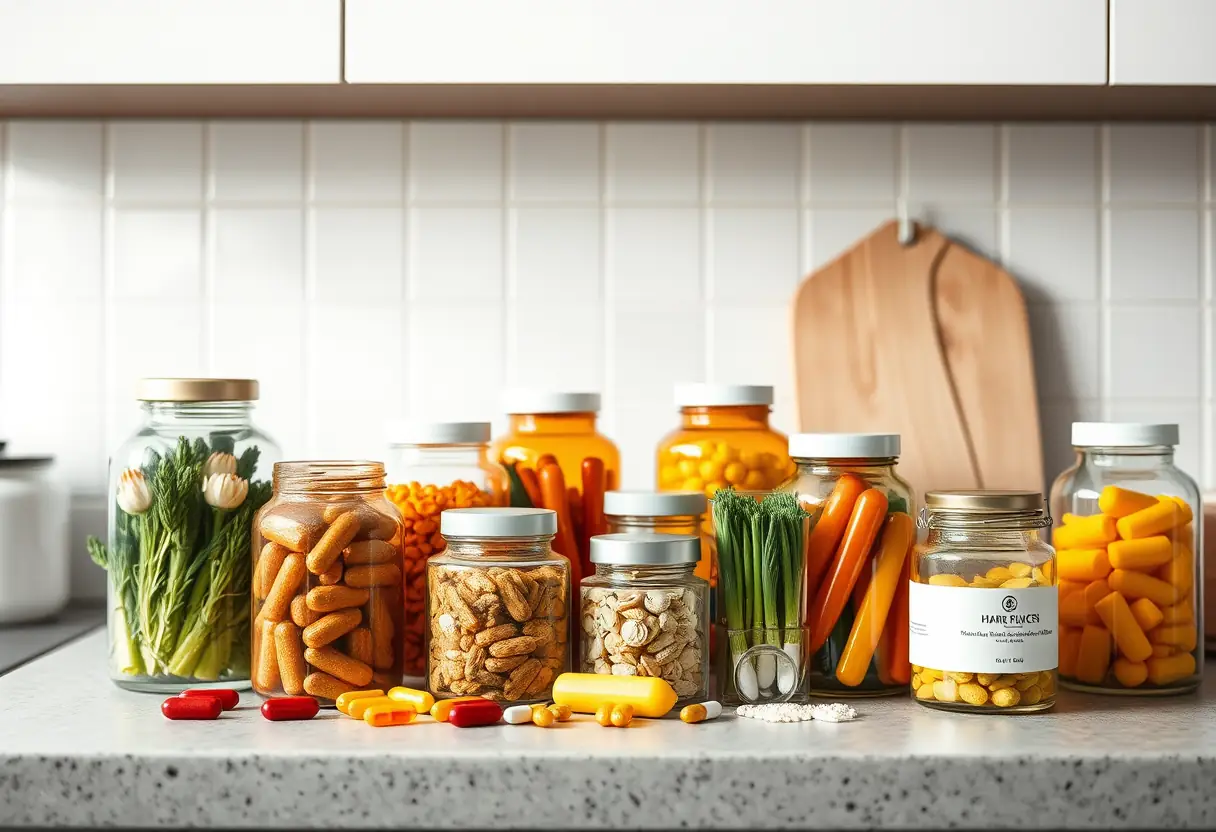 Un plan de travail de cuisine avec des bocaux en verre contenant des vitamines colorées, symbole de soutien nutritionnel