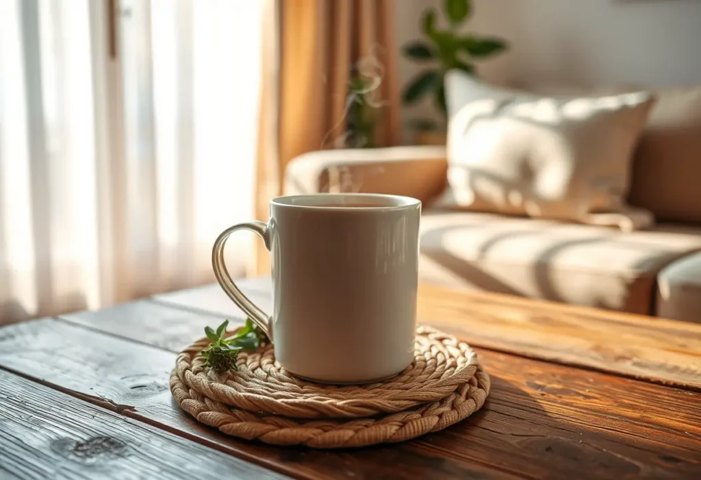Une tasse fumante de thé herbeux posée sur un plateau tressé dans un salon accueillant