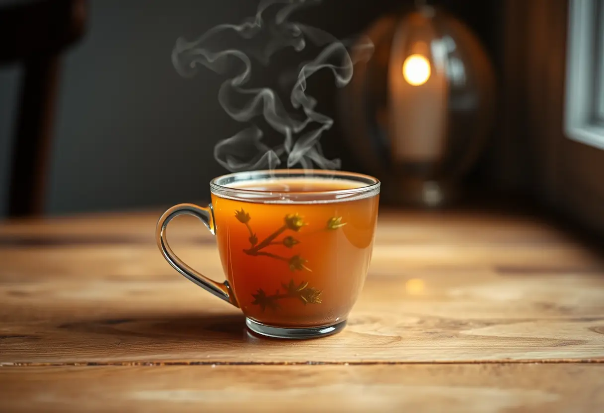 Un mug rempli de thé aux herbes posé sur une table en bois, la vapeur s'échappe doucement, ambiance apaisante