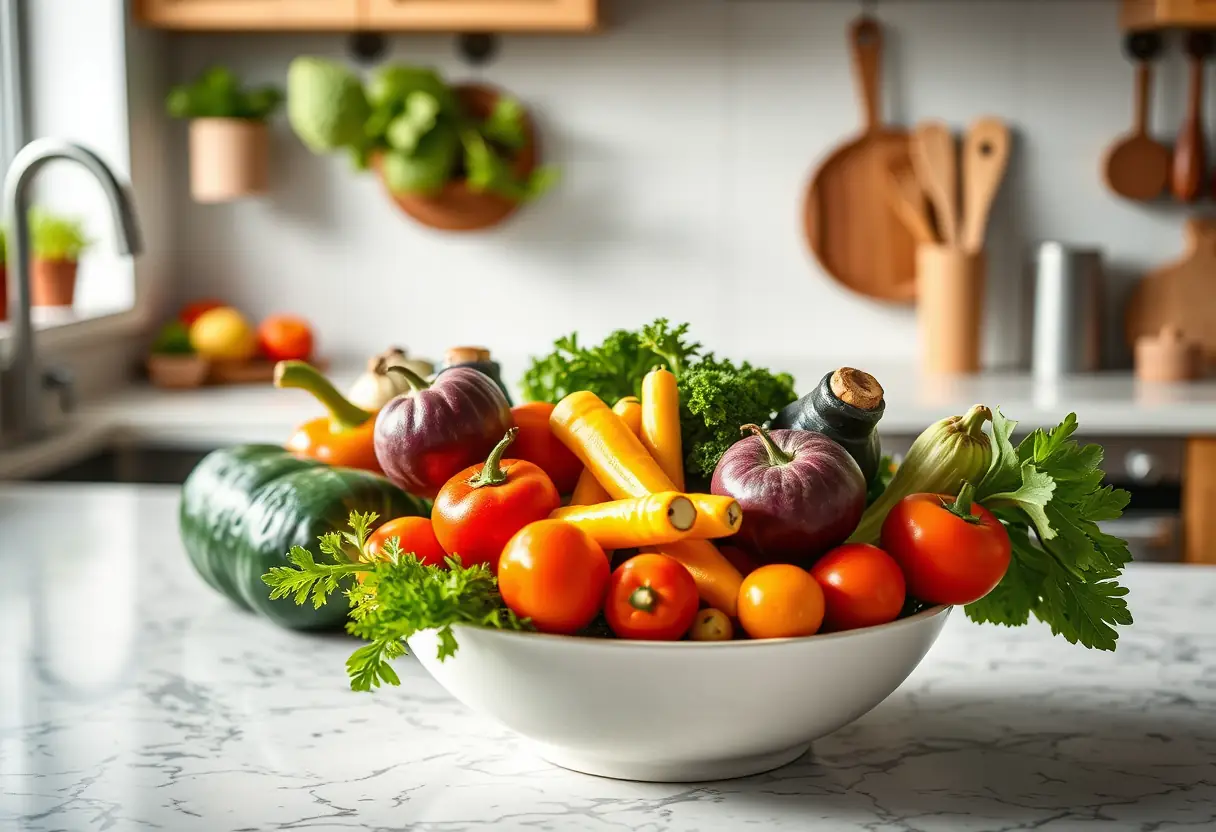 Étagère de cuisine avec un bol de légumes frais et colorés pour une alimentation anti-inflammatoire