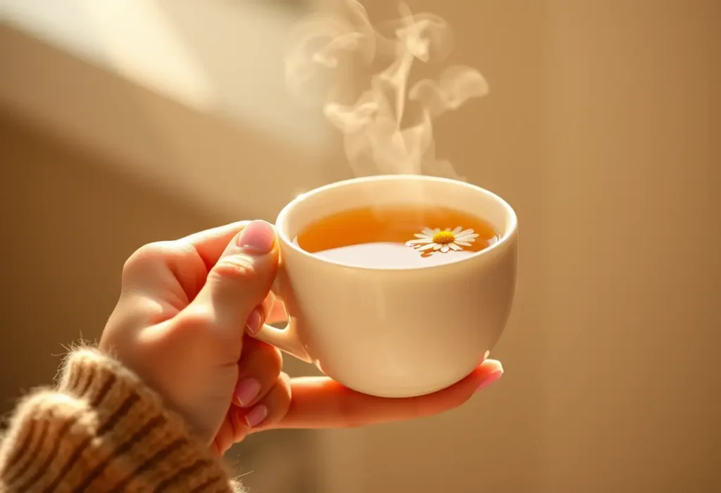 Une main féminine tient délicatement une tasse de thé aux fleurs de camomille, sans texte