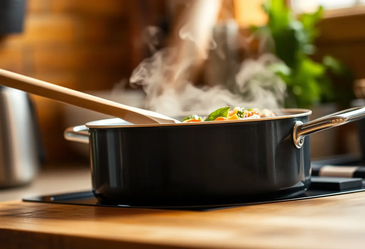 Une cuillère en bois qui remue une soupe de légumes mijotant sur un plan de travail cuisine, lumière chaude, sans texte