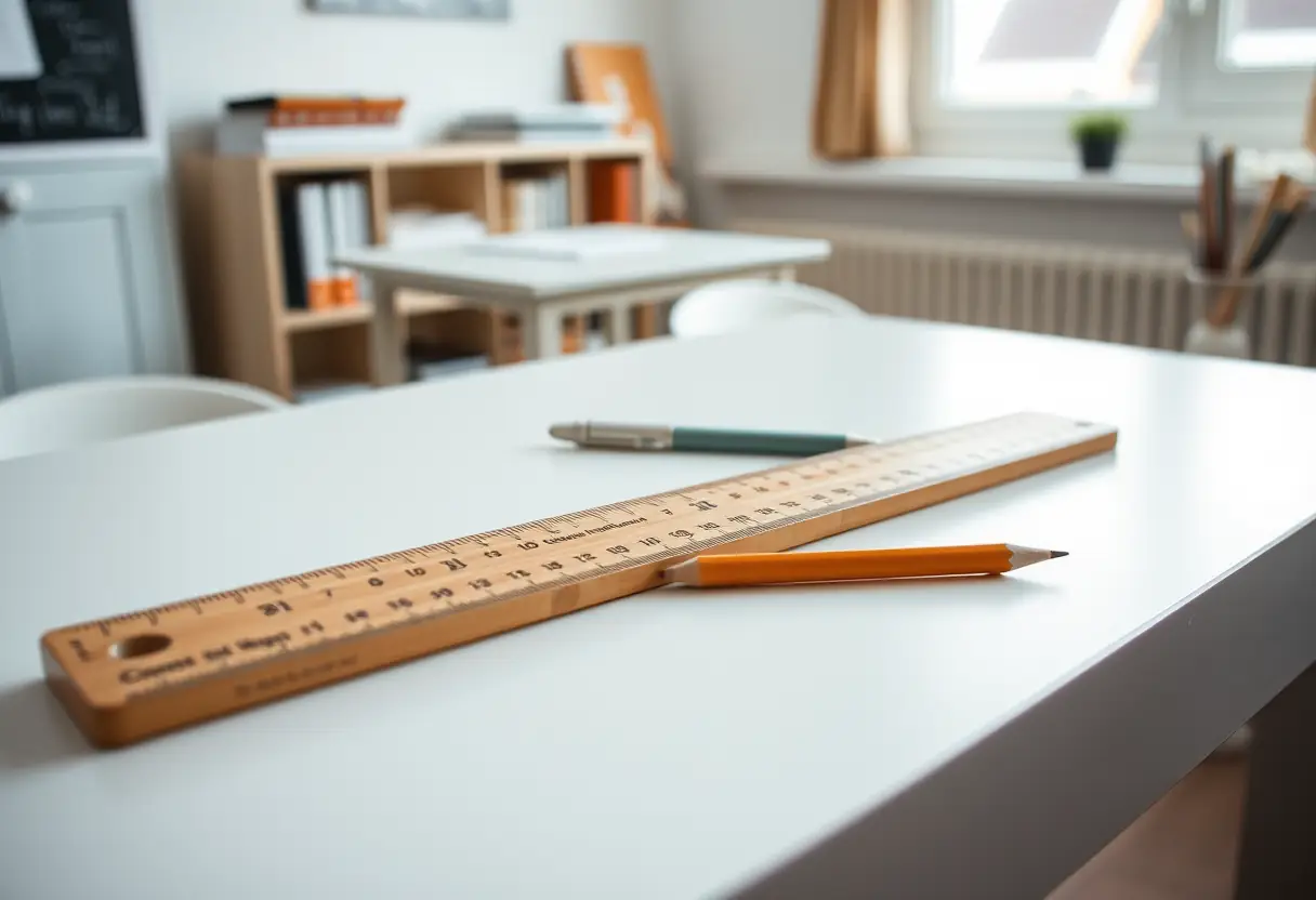 Un mètre en bois posé sur un bureau avec un crayon à côté, dans une pièce confortable