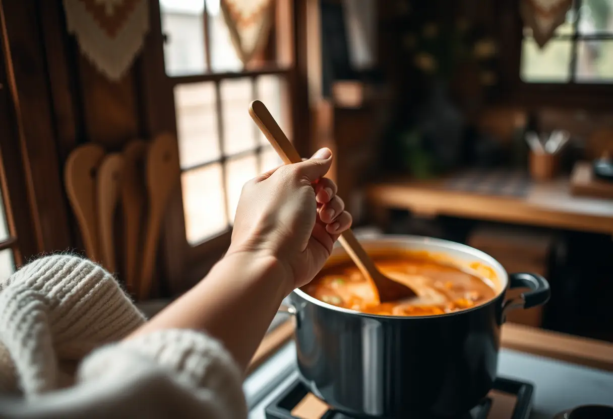 Une main féminine tient une cuillère en bois dans une cuisine accueillante