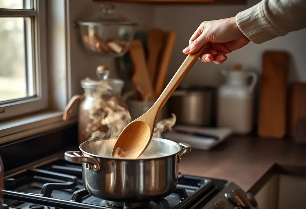 Une main féminine tient une cuillère en bois au-dessus d'une marmite dans une cuisine accueillante, thème du bien-être féminin