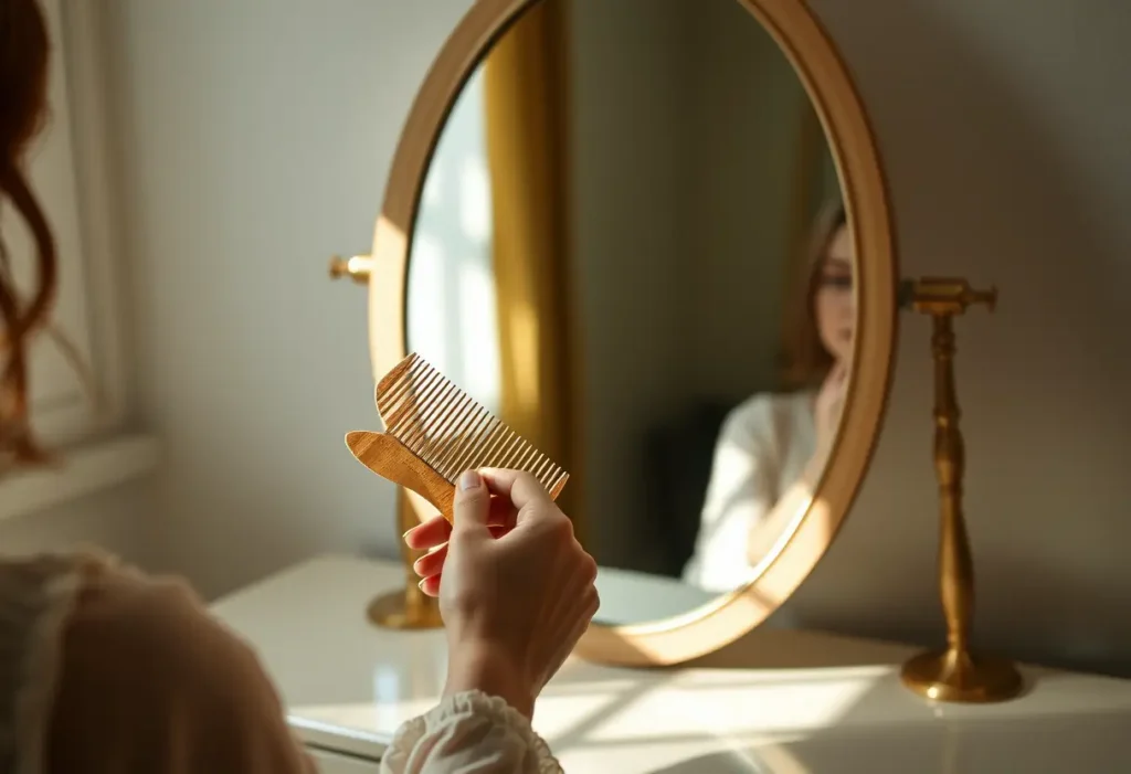 Main de femme tenant un peigne en bois près d'un miroir ovale