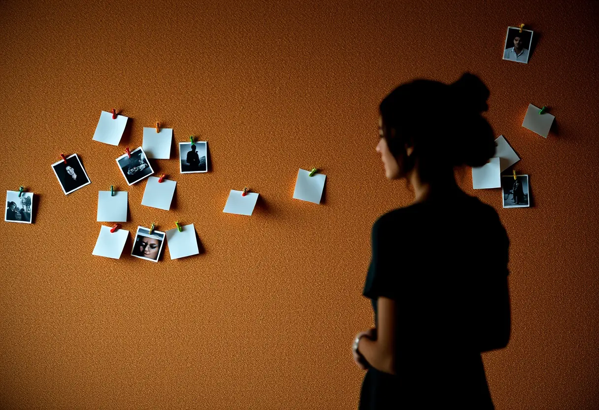 Silhouette de femme devant un tableau mural de notes et photos