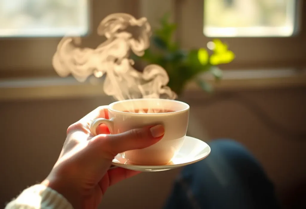 Main de femme tenant une tasse de thé aromatique, ambiance chaleureuse et apaisante
