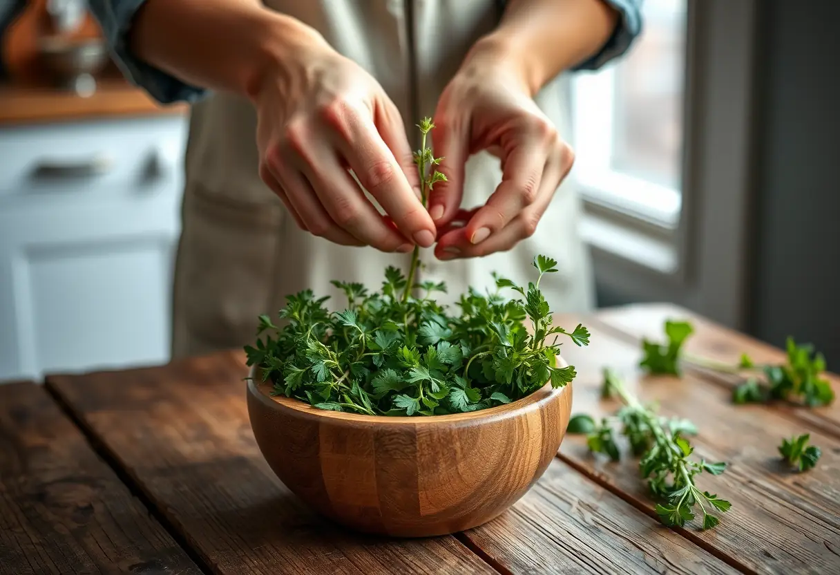 Mains disposant des herbes fraîches dans un bol en bois, intérieur chaleureux et rassurant
