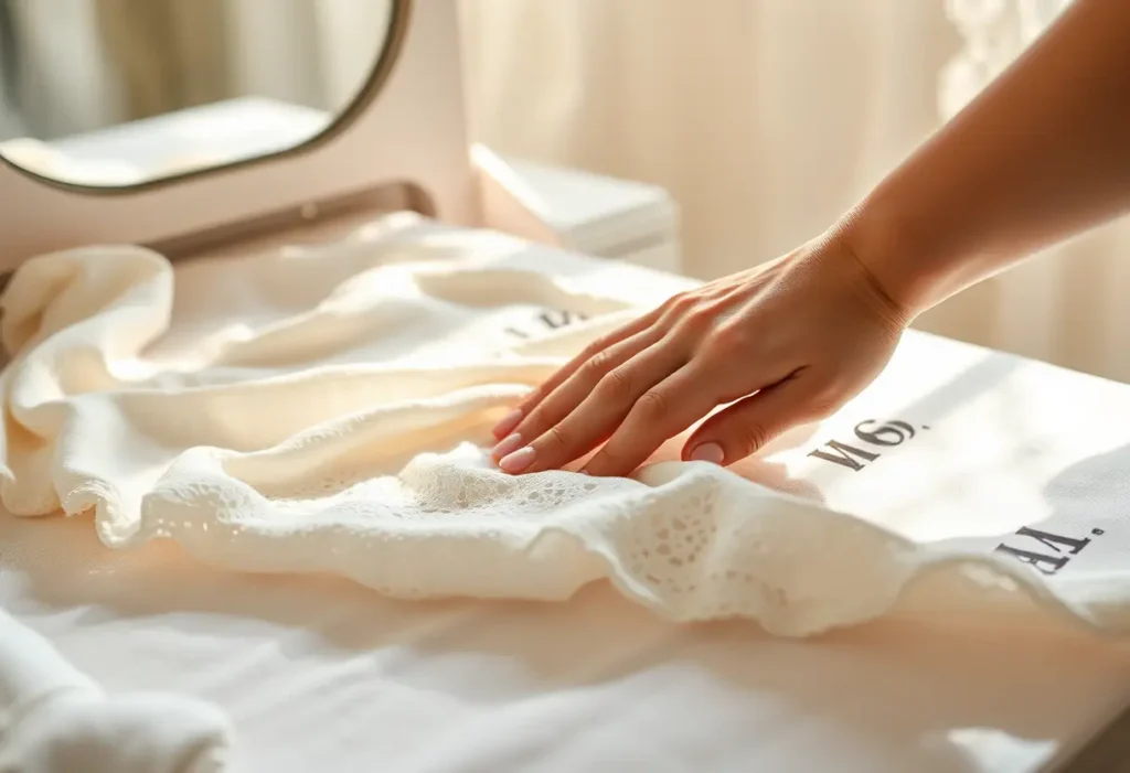 Main de femme ajustant un dessous en dentelle, lumière douce du matin